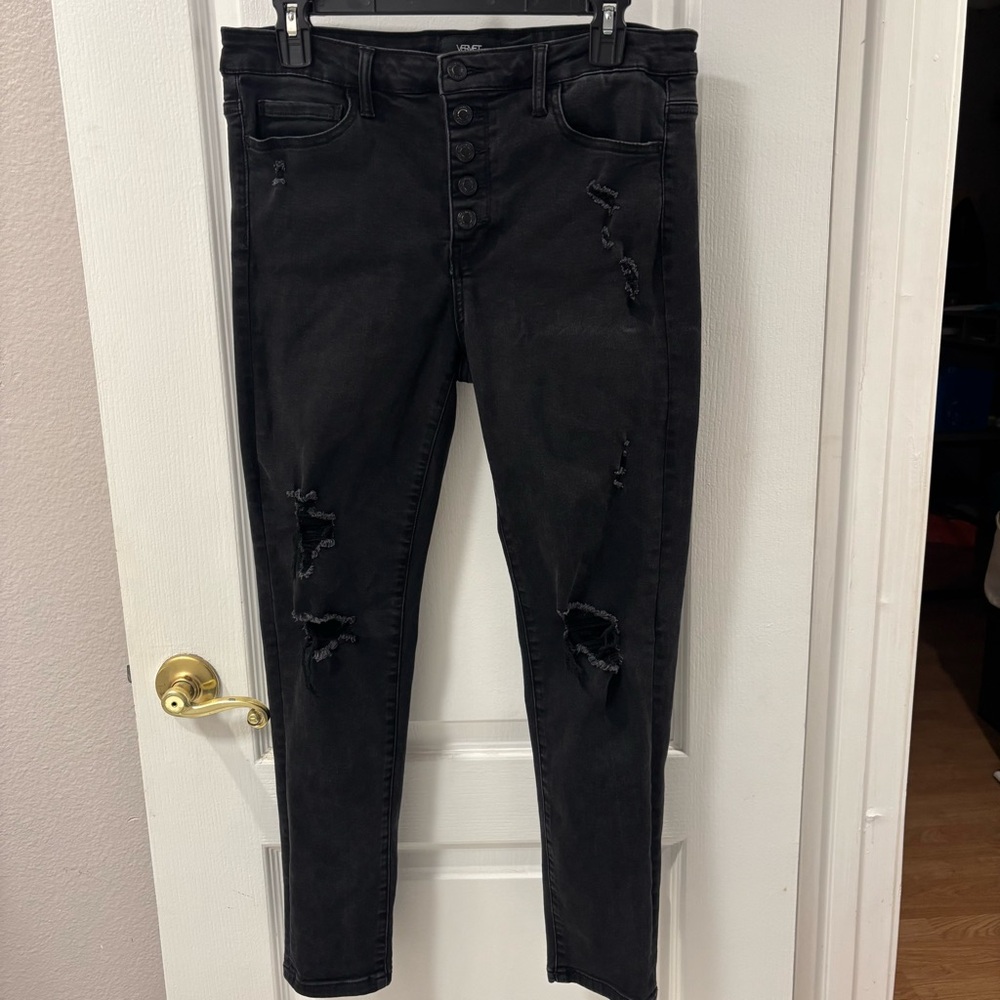 Vervet Button Fly Ankle Skinny Distressed Black Jeans Stretch size 30